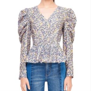 Rebecca Taylor Pansies V-Neck Puff Sleeve Top S